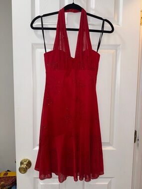 Lipstick Boutique Red One-Shoulder Halter Dress with Floral Sheen